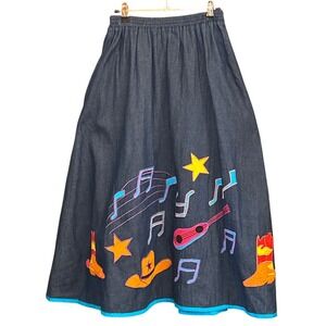 Vintage Southern Image Denim Maxi Skirt Western Cowgirl Country Music Novelty
